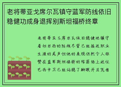 老将蒂亚戈席尔瓦镇守蓝军防线依旧稳健功成身退挥别斯坦福桥终章 老将蒂亚戈席尔瓦镇守蓝军防线依旧稳健功成身退挥别斯坦福桥终章